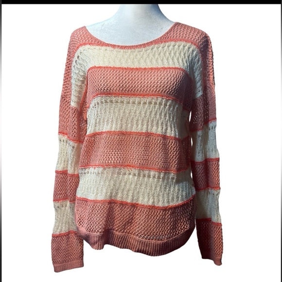 Gianni Bini Knit sheer Coral & white stripped Sweater women Size Medium - Picture 13 of 13